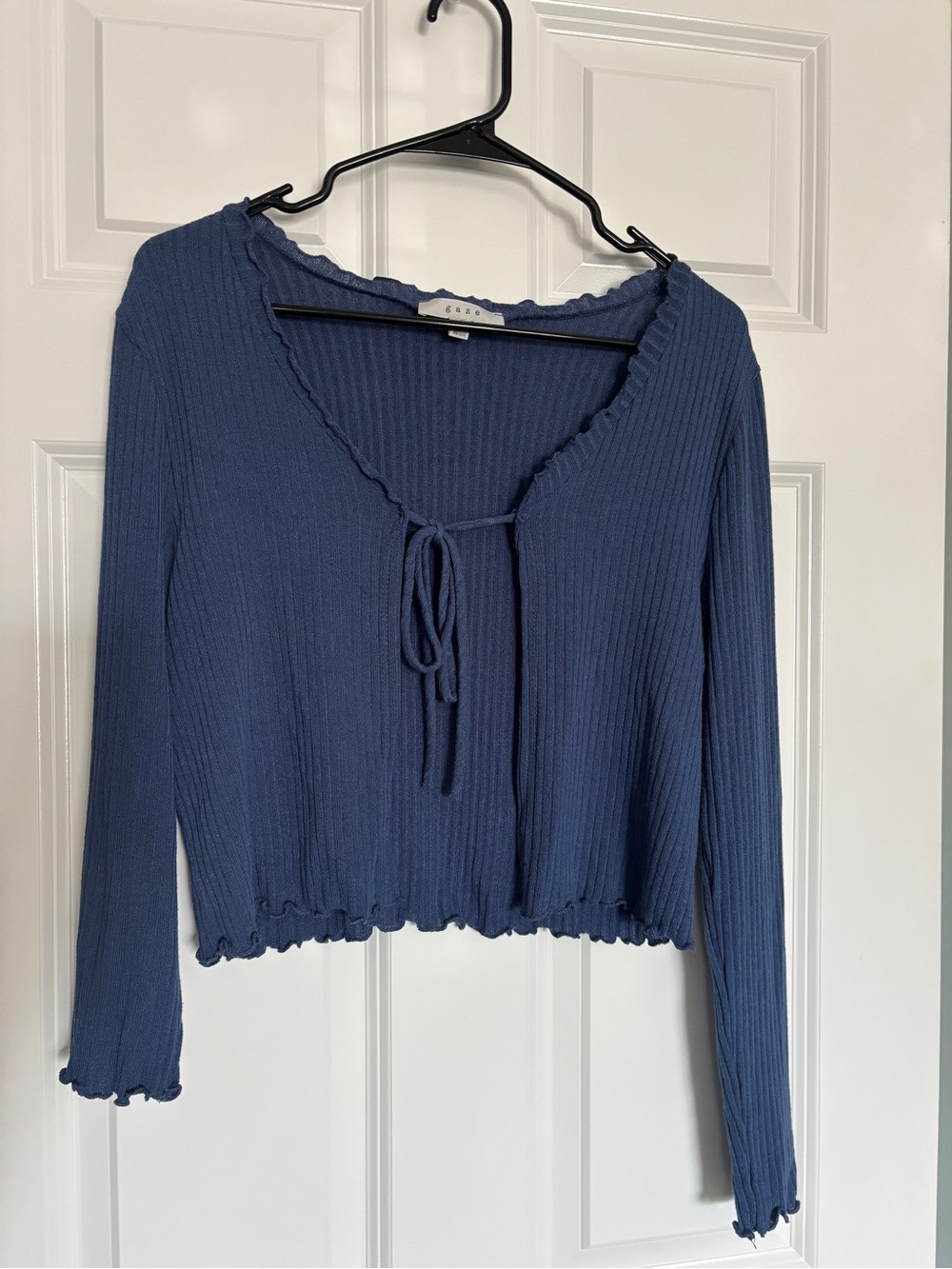 Gaze Blue Ribbed Cardigan with Tie Front